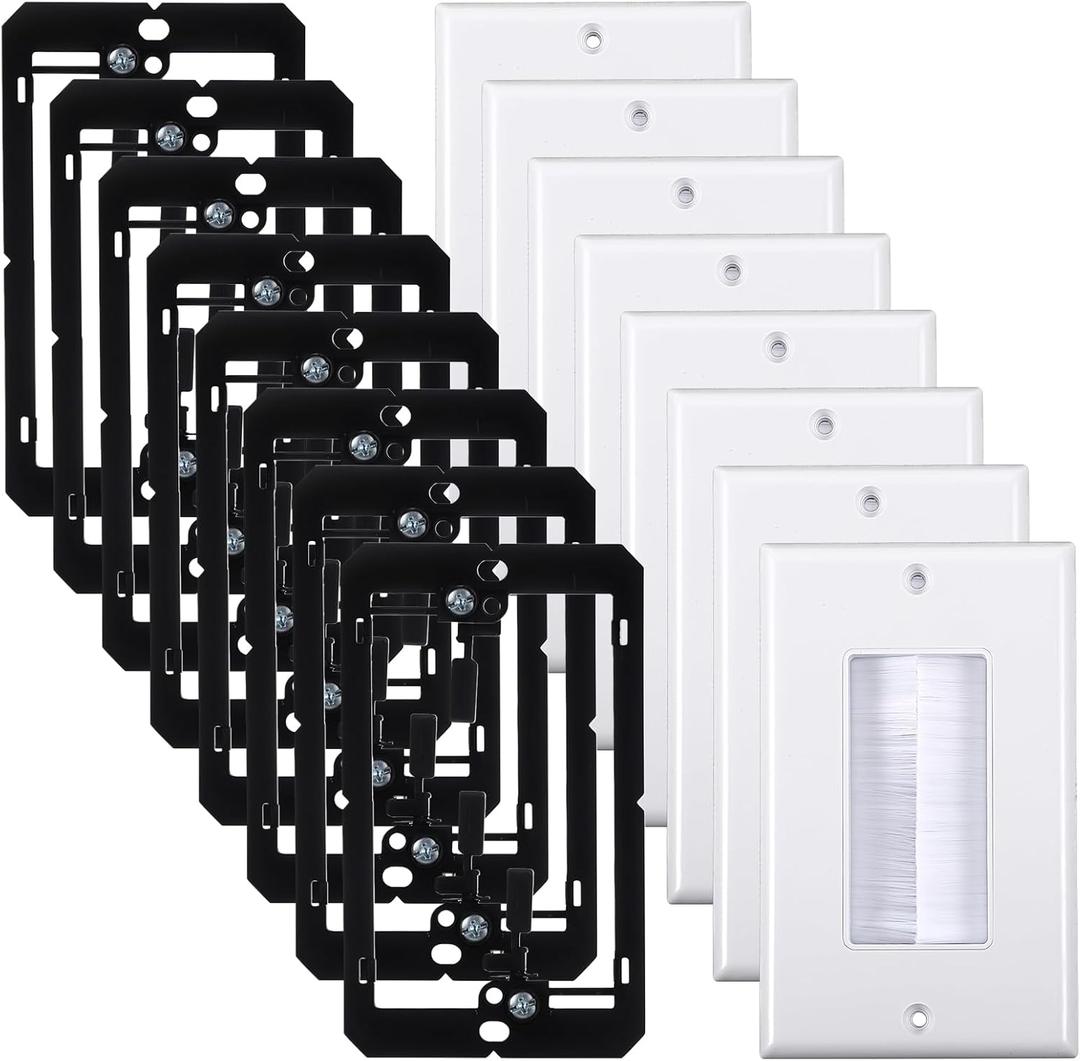 8 Pack Brush Wall Plate with Low Voltage Mounting Bracket, Cable Pass Through Insert for Wires, Single Gang Cable Access Strap, Wall Plate Cable Pass Through, Wall Socket for HDTV (White)