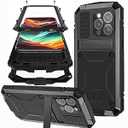 Ninki Case for iPhone 15 Pro - Metal Case with Screen Protector, Shockproof Aluminium Silicone Body, Kickstand, Black