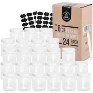 Healthy Packers Plastic Containers with Water-Tight White Lids (6 oz, 24 Pack) - Clear Plastic Food Storage Jars with Labels and White Marker - Jars With Lids For Slime Or Storage - BPA Free