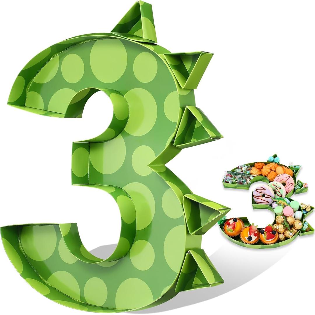Mifoci 13.7" Dinosaur Charcuterie Board Green Cardboard Number for Cupcake Charcuterie Birthday Party Fillable Paper Mache Chocolate Candy Cake Dinosaur Birthday Party(Number 3)