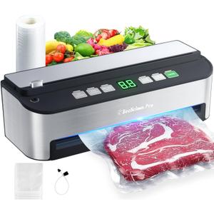 Vacuum Sealer Machine, Beelicious 85KPA Fully Automatic 8-IN-1 Food Sealer with Bags Storage, Moist Mode and Air Suction Hose | Digital Countdown | Sous VideBuild-in Cutter (A-stainless Steel + Green)
