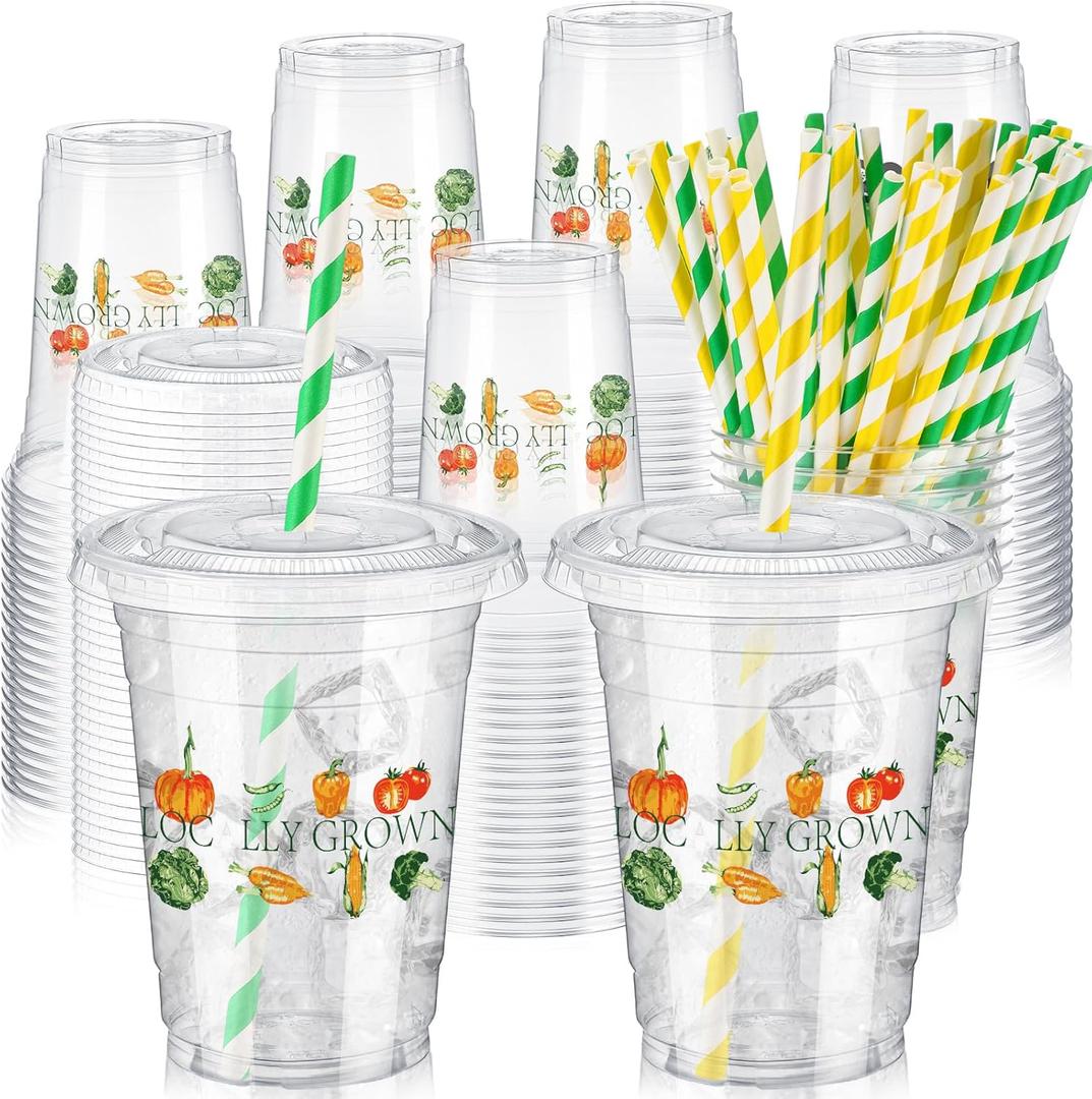 Domensi 50 Pcs Locally Grown Baby Shower Plastic Cup 12 oz Fruit & Vegetable Thick Clear Cup Farmer Market Baby Shower Wedding or Gardener Theme Farm Party Table Decorations Party Favor