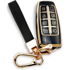 Compatible with Genesis Key Fob Cover, Gold Keychains, for G80 GV80 GV70 G90 2021 2022 2023 6 8 Buttons TPU Genesis Accessories Car Key Case Shell (Black)