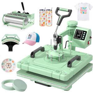 Slendor Heat Press 15x15 Inch 5 in 1 Heat Press Machine 360-Degree Swing Away Digital T Shirt Pressing Machine Multifunction Heat Transfer Sublimation Combo for T Shirts Mugs Hat Plate Cap,Green