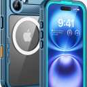 Lanhiem Magnetic for iPhone 16 Case, IP68 Waterproof Dustproof Case, [Compatible with Magsafe] [Built-in Screen Protector] Full Body Heavy Duty Rugged Phone Cover 6.1 inch, Blue/Clear