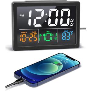 Digital Alarm Clock, with 5.5" Large LED Time Display, Adjustable Alarm Volume, 6 Level Brightness, Alarm Settings, USB Charger, Temperature Detect, Snooze, Clocks for Bedroom, Bedside, Desk, Black