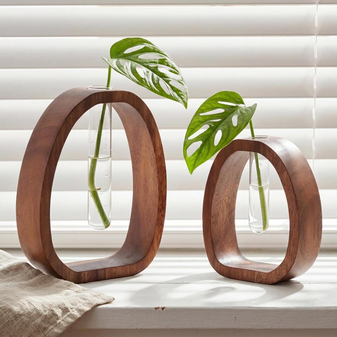 Houmury Set of 2 Glass Test Tube Vase Walnut Wood 7.5 & 5.8 Modern Farmhouse Propagation Stations for Home Decoration, Table Centerpieces (Brown)