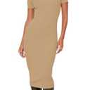 YouSexy Women's Summer Short Sleeve Ribbed Casual Dresses Crew Neck Bodycon Midi Dress Camel, XXL