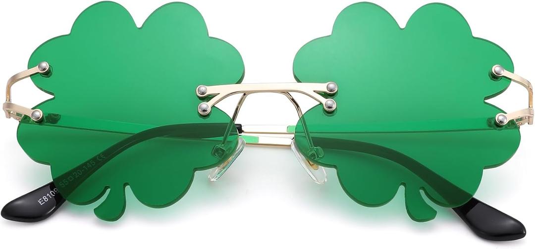 2 x St. Patricks Day Green Sunglasses Irish Shamrock Four Leaf Clover Lens Shades Costume Party Glasses(Four Leaf Green) (Green)