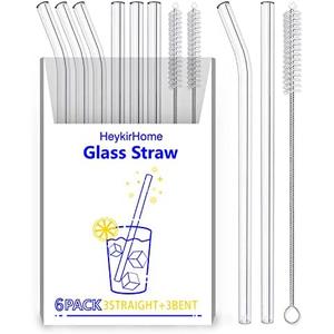 HeykirHome 6-Pack Reusable Glass Straw-Transparent,Size 8''x10 MM,Including 3 Straight and 3 Bent with 2 Cleaning Brush- Perfect For Smoothies, Tea, Juice-Clear