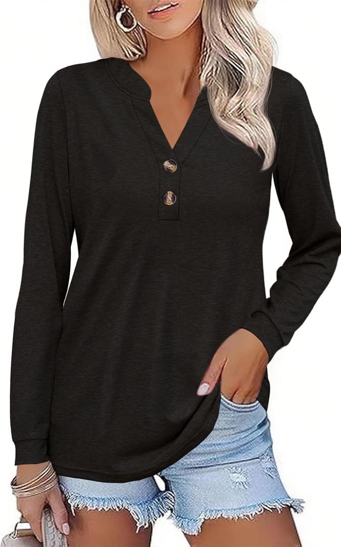 Women Button Down Henley Shirts V Neck Long Sleeve Fashion Dressy Casual Tops Trendy Blouses Loose Fit Tunic (Black, XL)