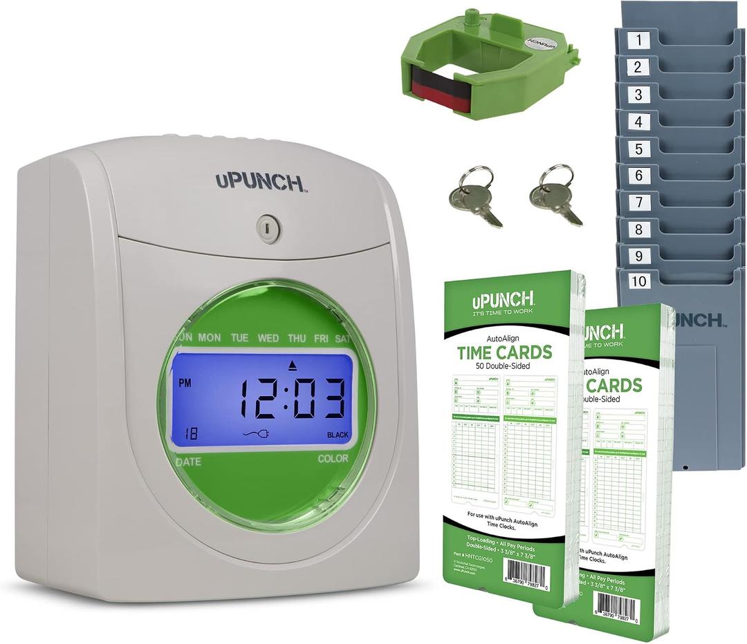 uPunch HN1500 Starter Time Clock Bundle for Small Business: Employee Punch Clock System with 100 Time Cards, Card Rack, and Ribbon, Pack of 1