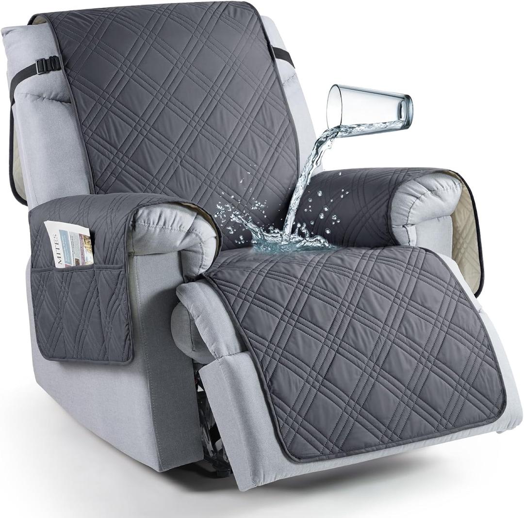 TAOCOCO 100% Waterproof Recliner Chair Cover, Non Slip Recliner Covers for Recliner Chair with Pocket, Washable Reclining Chair Cover Furniture Protector for Kids, Pets(23.6'', Dark Grey)