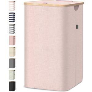 BALEINE Laundry Hamper with Lid, Tall Laundry Baskets with Bamboo Pull Handles, Large Laundry Bin with Internal Support (18 Gal/70L, Pink)