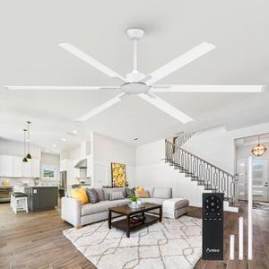 Amico 84 Inch Industrial Ceiling Fans Without Lights, Indoor/Outdoor Ceiling Fan with Remote Control, Reversible, 6 Blades, Noiseless, White Ceiling Fan for Patio, Porch, Garage, Shop, Farmhouse