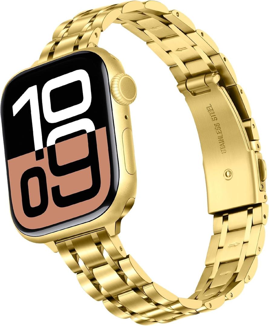 HITZEE Thin Metal Bands Compatible with Apple Watch Band 49/46/45/44/42mm, Slim Stainless Steel Band Strap for Women Compatible for iWatch Ultra 3/2/1 SE3-1 Series 11 10 9 8 7 6 5 4 3 2 1, Gold