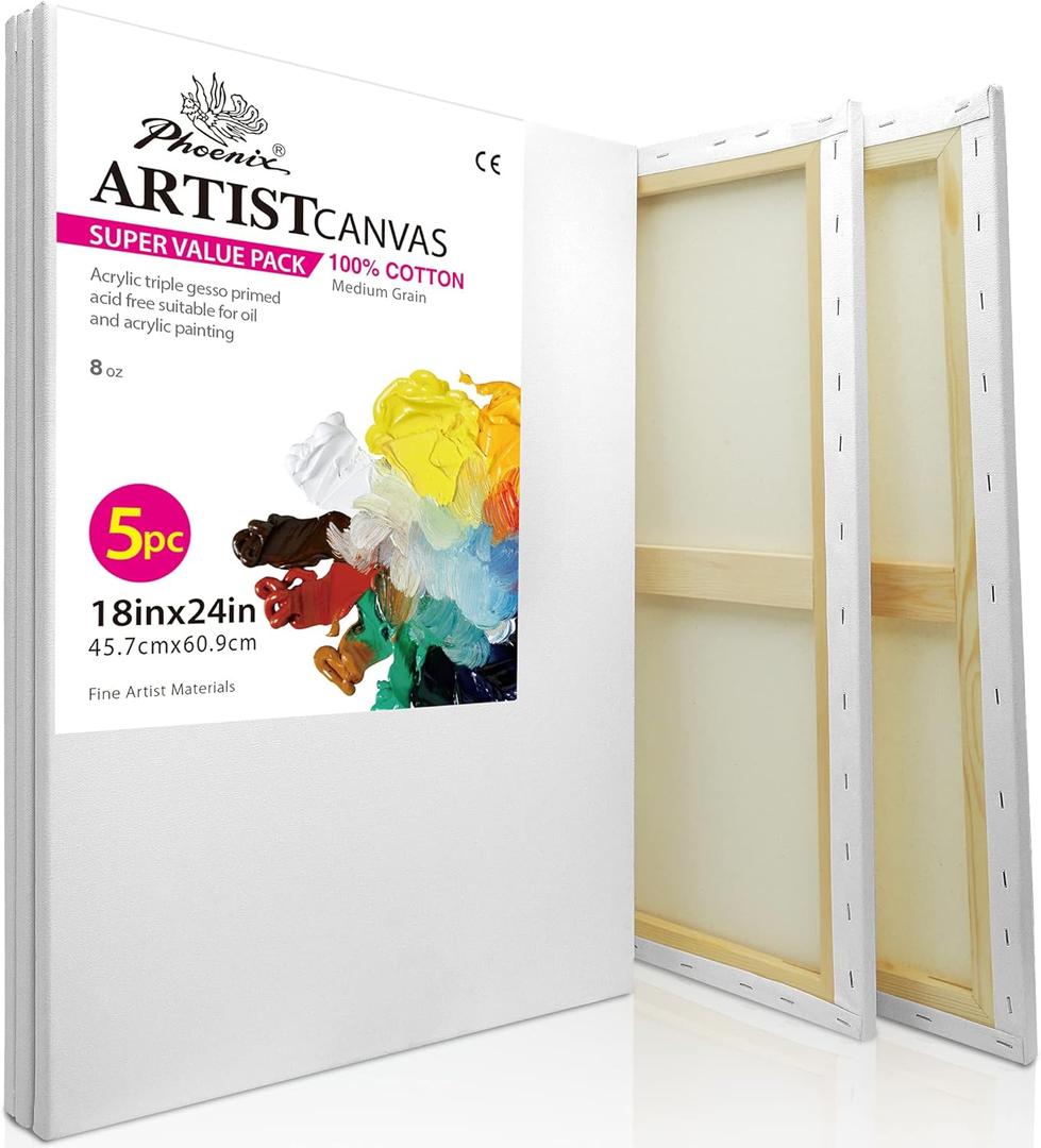 PHOENIX Large Stretched Canvas for Painting 18"x24"/5 Value Pack, 8 Oz Triple Primed 5/8 Inch Profile 100% Cotton White Blank Canvas, Framed Canvas for Oil Acrylic & Pouring Art