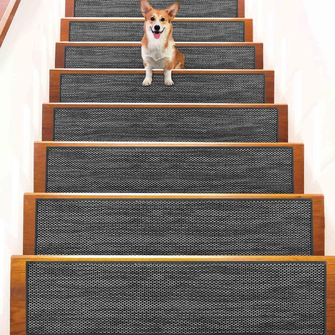 Seloom Linen Non Slip Stair Treads Carpet for Wooden Steps Indoor, Peel and Stick Carpet Stair Tread for Wood Stairs, Machine Washable Stair Runners for Pets, 15 Pack, Black (9" x36")