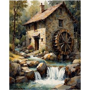 River Mill House Paint by Numbers Kit for Adults - DIY Watermill by Stream Painting on Canvas, Acrylic Paint Set, Suitable for Beginners, Home Wall Decor or Gift Idea(16X20IN Framed)