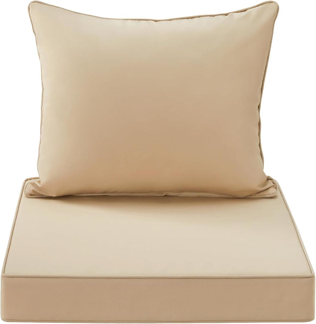 Outdoor Seat Cushion Set 22x22 Inch Waterproof & Fade Resistant Cushions for Patio Furniture, Removable Cover Deep Seat & Back Cushion with Handle and Adjustable Straps for Chair Sofa, Beige