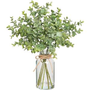 Zheart Fake Eucalyptus Stems in Glass Vase with Faux Water,14" Artificial Plants Eucalyptus Leaves for Shelf Desk Bathroom Farmhouse Room Coffee Table Home Decor (Sage Green)