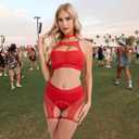 Women's Rave Outfits : 3Pcs Fishnet Lingerie Set with Cutout Top, Booty Shorts & Choker for Festival or Babydoll Nightwear (Red, M)