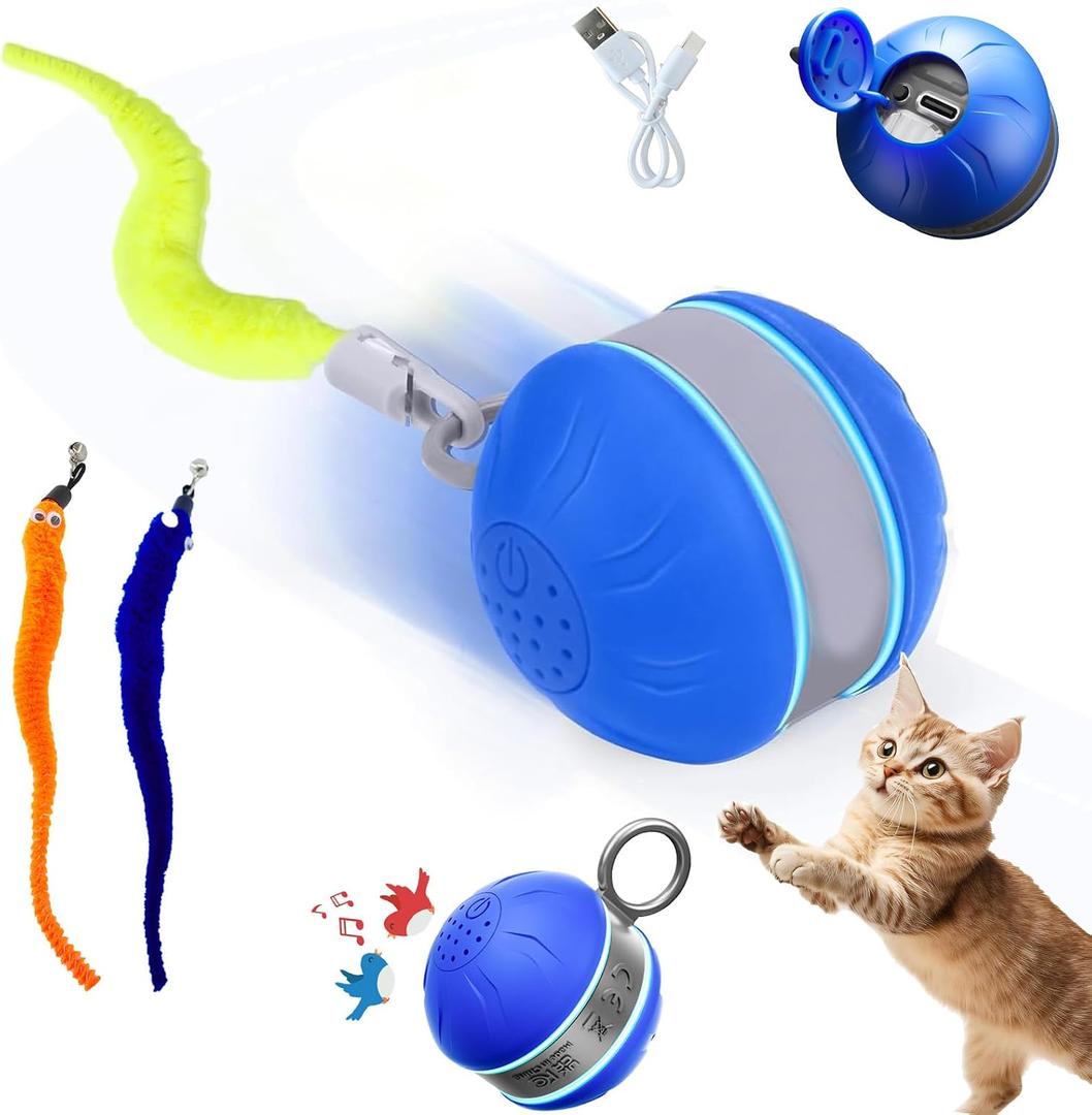 3 x Speedy 2.0 Tail Interactive Cat Toys for Bored Indoor Adult Cats,Rechargeable Automatic Cat Toy Balls Self Moving Chirping,Electric Cat Ball Toy for Smart Kitten Enrichment Exercise Essentials(Blue)