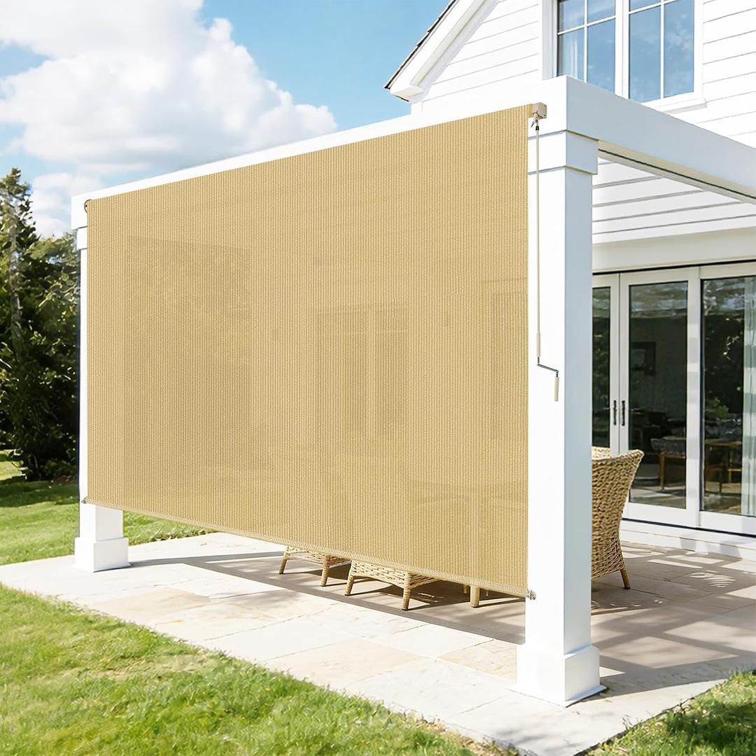 Outdoor Roller Shades for Patio, 8' W x 8' H Cordless Patio Shades Roll Up Outdoor Blinds with Splicing Design, 90% UV Protection for Porch Gazebo Pergola, 2 Poles & 1 Fabric, Sesame