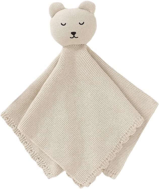 LAWKUL Baby Lovey Knit Newborn Babies Security Blankets Bear Lovie Cuddly Comforter Safe Loveys for Infant Boy Girl Beige