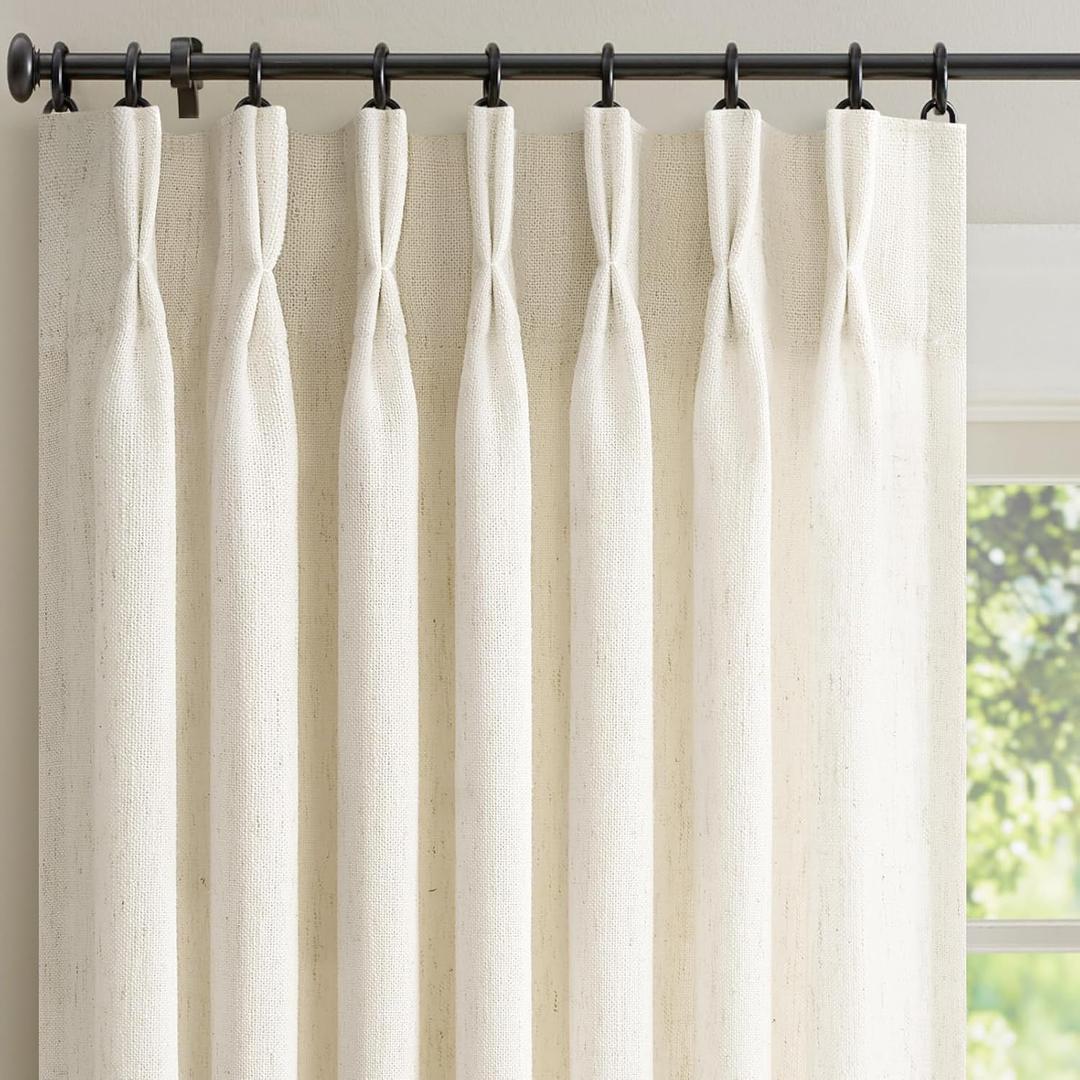 Pinch Pleated Linen 96 inch Long Curtains for Living Room Bedroom 2 Panels Neutral Cream Beige Thick Linen Textured Farmhouse Pleat Curtain with Hooks Rings Back Tab Light Filtering Drapes 8 FT