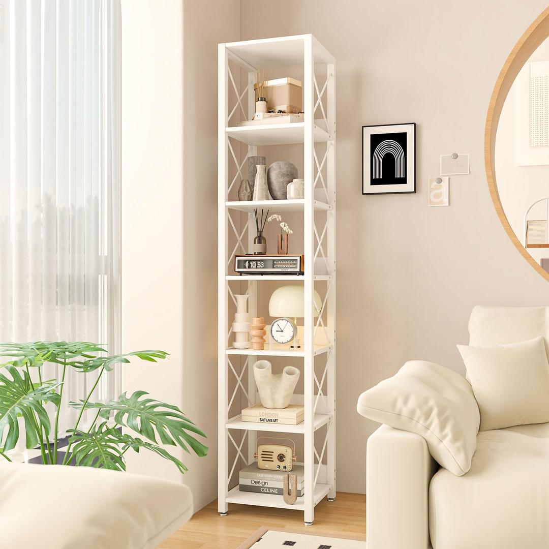 IBUYKE 6-Tier Tall Narrow Bookcase,Wood Corner Shelf Storage Display Rack for Small Spaces,Free Standing Open Bookshelf Square Shelf Tower for Home Office Living Room Bathroom, White