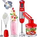 Mueller Multistick 800W 5-in-1 Immersion Blender Handheld, 12 Speed Hand Mixer - Turbo Boost, Heaviest Duty Copper Motor, Titanium Blades Hand Blender, Milk Frother Wand, Red Kitchen Accessories