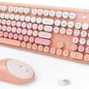 Wireless Keyboards Mouse Combos, Colorful Cute Typewriter Full-Size Retro Round Keycaps, 2.4GHz Cordless Sleep Mode Office Quiet Wireless Keyboard and Mouse Set for Desktop Laptop PC Computer, 105 Keys Pink Colorful