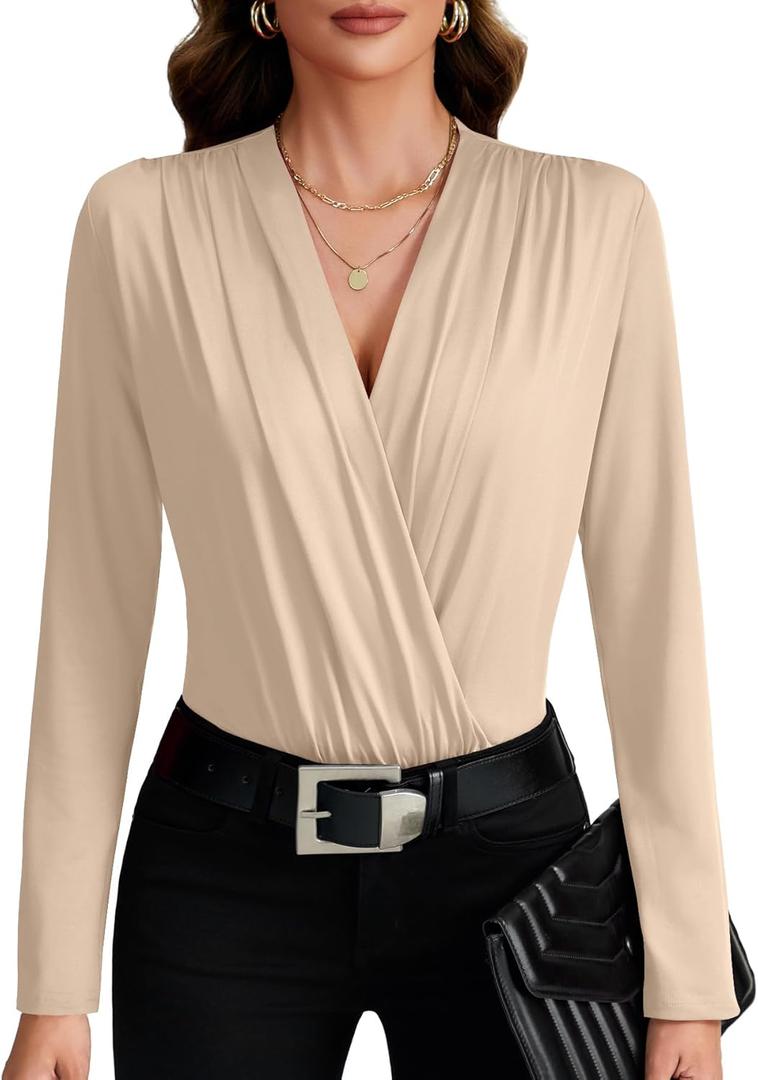 LYANER Women's Wraped V Neck Ruched Long Sleeve Leotard Bodysuit Top (Large, Light Beige#)