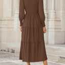 ZESICA Women's Casual Long Sleeve Crew Neck High Waist Smocked Flowy Tiered Midi Dress (Brown, L)