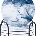 Blue Coasters for Drinks Marble Style,Absorbent Ceramic Coaster with Metal Holder Stand,House Warming Gifts Decor Set of 6 with Cork Base for Wooden Table