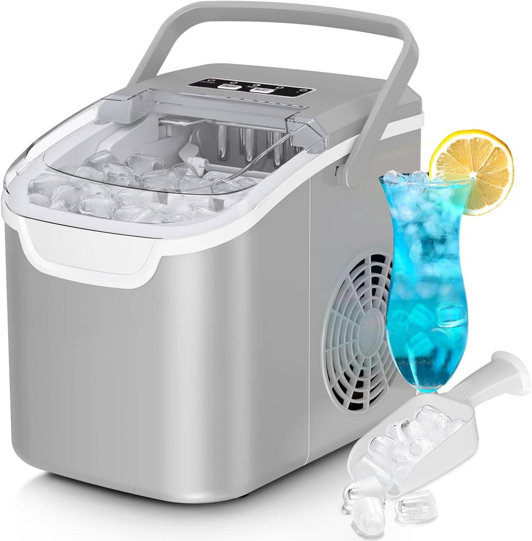 Countertop Ice Maker Machine, 8 Ice Cubes in 6 mins, 26lb/Day Bullet Ice with 2 Sizes- Portable Mini, Energy Saving & Basket/Scoop for Home/Party/Travel/Camping/Bar,Grey