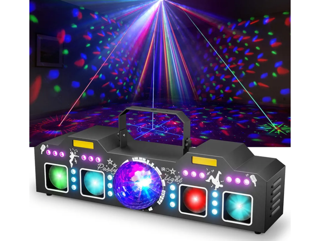 DJ Lights for Parties, Pro 8 in 1 DMX & Sound Activated Laser Light Show Machine with Disco Ball Light, RGBW & UV Strobe Party Lights Indoor for for Home, Karaoke, Birthday and DJ Lighting