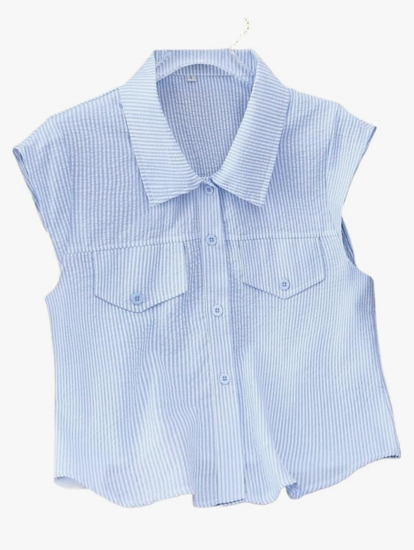 Womens Short Sleeve Tops Short Flutter Sleeves and Collared Neck, Casual Striped Shirt M