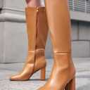 Coutgo Womens Wide Calf Knee High Boots Chunky High Heel Square Toe Fashion Leather Shoes with Side Zipper