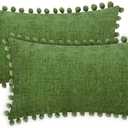 CaliTime Throw Pillow Cases Pack of 2 Cozy Solid Dyed Soft Chenille Cushion Covers with Pom Poms for Couch Sofa Home Decoration 12 X 20 Inches Forest Green