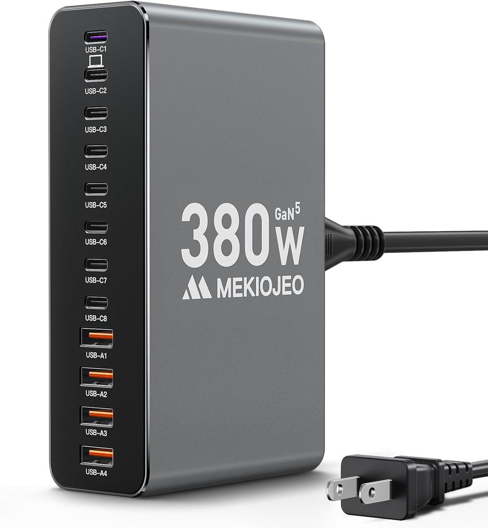 12 Ports Aluminum Alloy 380W Charging Station Fast USB C Charger Block 65W Laptop GaN Charger for MacBook Pro/Air/iPad Pro/iPhone (Gray)