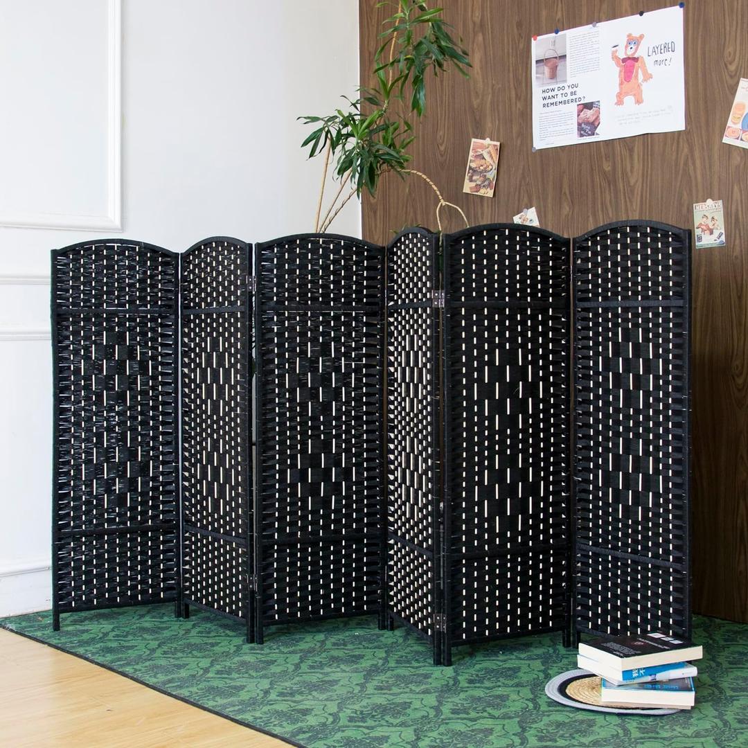 Furnnylane 6 Panel Black Rattan Room Divider for Room Separation, 47.2" Low Height Double Sided Folding Privacy Screen, Freestanding Partition Screen for Home Office - 3.95 ft Tall