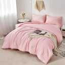 PERFEMET Pink Pom Comforter Set Queen Size(90x90inch), 5 Pcs Boho Aesthetic Farmhouse Bedding Set with Sheets Soft Microfiber Down Alternative Comforter Bed in a Bag for Girls Women(Pink, Queen)