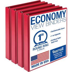 Samsill 1 Inch 3 Ring Binders, Economy Round Ring, Clear View Cover, 200 Sheet Capacity - for School, Home, Office - Red, 4 Pack