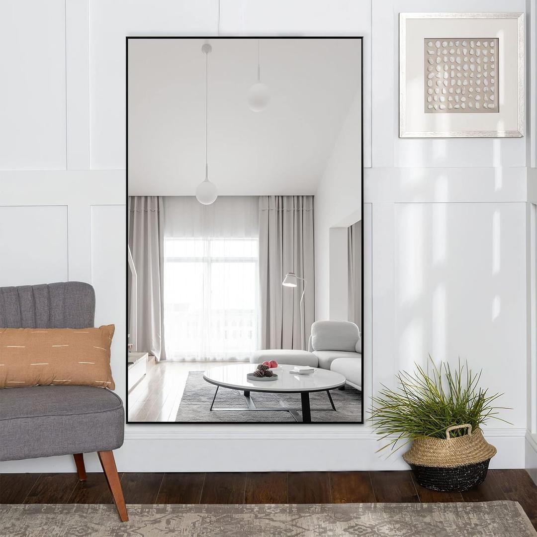 ONXO 52"x 32" Full Length Mirror Large Floor Mirror Without Standing Bracket or Wall-Mounted Mirror Dressing Mirror Aluminum Frame Mirror for Living Room/Bedroom/Cloakroom Black