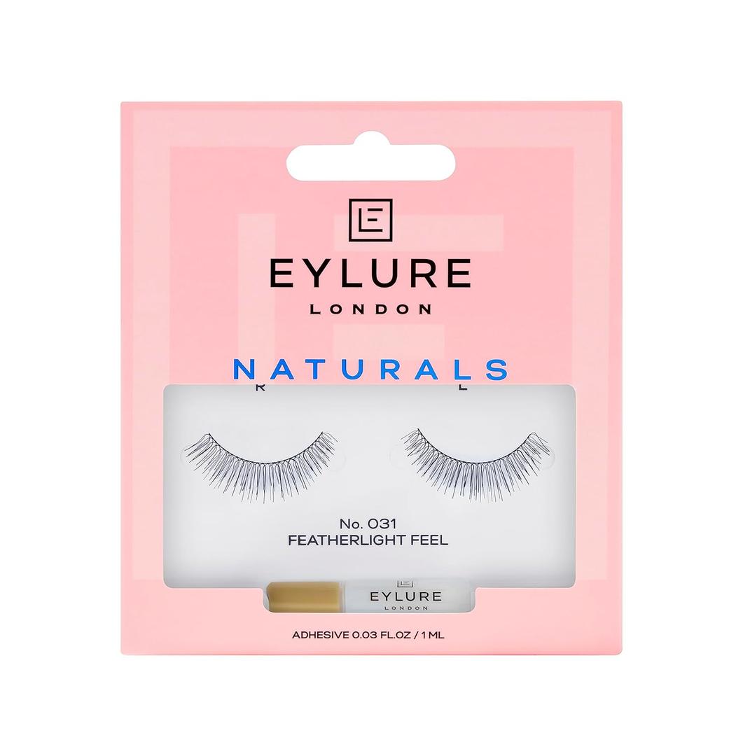 Eylure Naturals False Eyelashes, Style No. 031, Reusable, Adhesive Included, 1 Pair (3 Piece Set, Black)