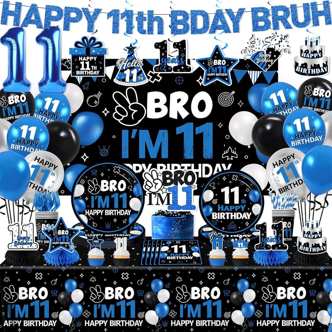 11th Birthday Decorations for Boys,196pcs Bruh Im 11 Birthday Decorations Happy 11th Birthday Boy Plates and Napkins Cups Tablecloth Backdrop Topper Balloons for 11 Year Old Birthday Decorations