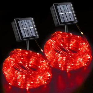 YEGUO Solar Christmas Lights Outdoor Waterproof, 2 Packs Each 33ft 100 LED Rope Lights, 8 Modes Fairy String Lights in Clear Thin Tube for Camping Fence Patio Garden Trampoline Deck(Red)