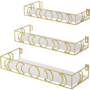 PHAREGE Moon Phase Floating Shelves White Gold, Set of 3 Small Decorative Wall Shelves for Book Plant Storage, Crystal Figurine Collectibles Display Shelf for Bedroom Kid Room